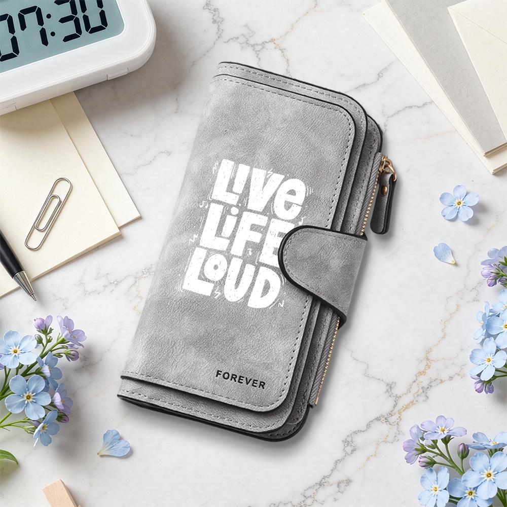 Fashion Long Wallet Live Life Loud Print Purse Multi Card Slot Holder Portable Casual Daily Use Handy Clutch Forever Style