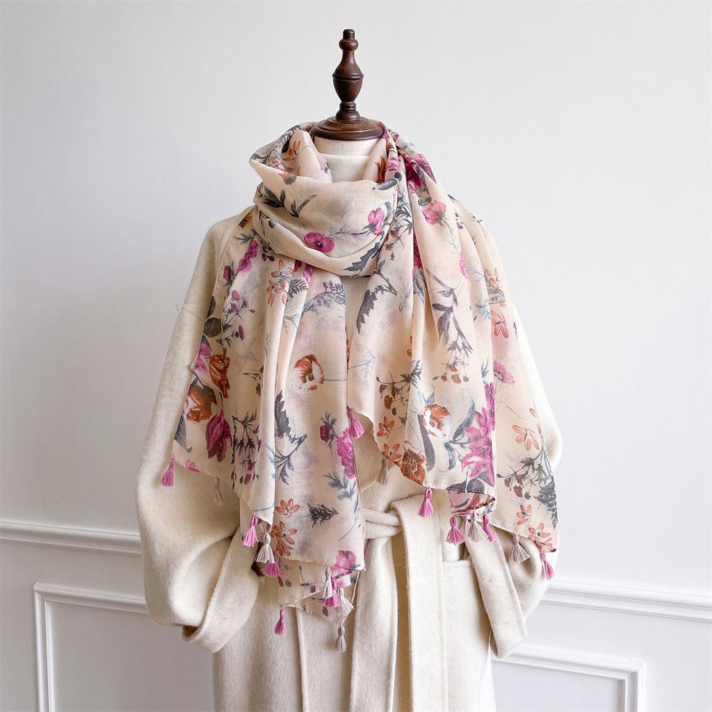 88*180cm Luxury Soft Women Viscose Scarf Female Floral Cotton Linen Feeling Shawl Tassel Muslim Hijab Pashmina Wraps