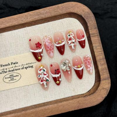 Uñas Postizas Yihe - Rojo Terciopelo Copo de Nieve Navidad Rubor Manicura Francesa (Puramente hecho a mano)
