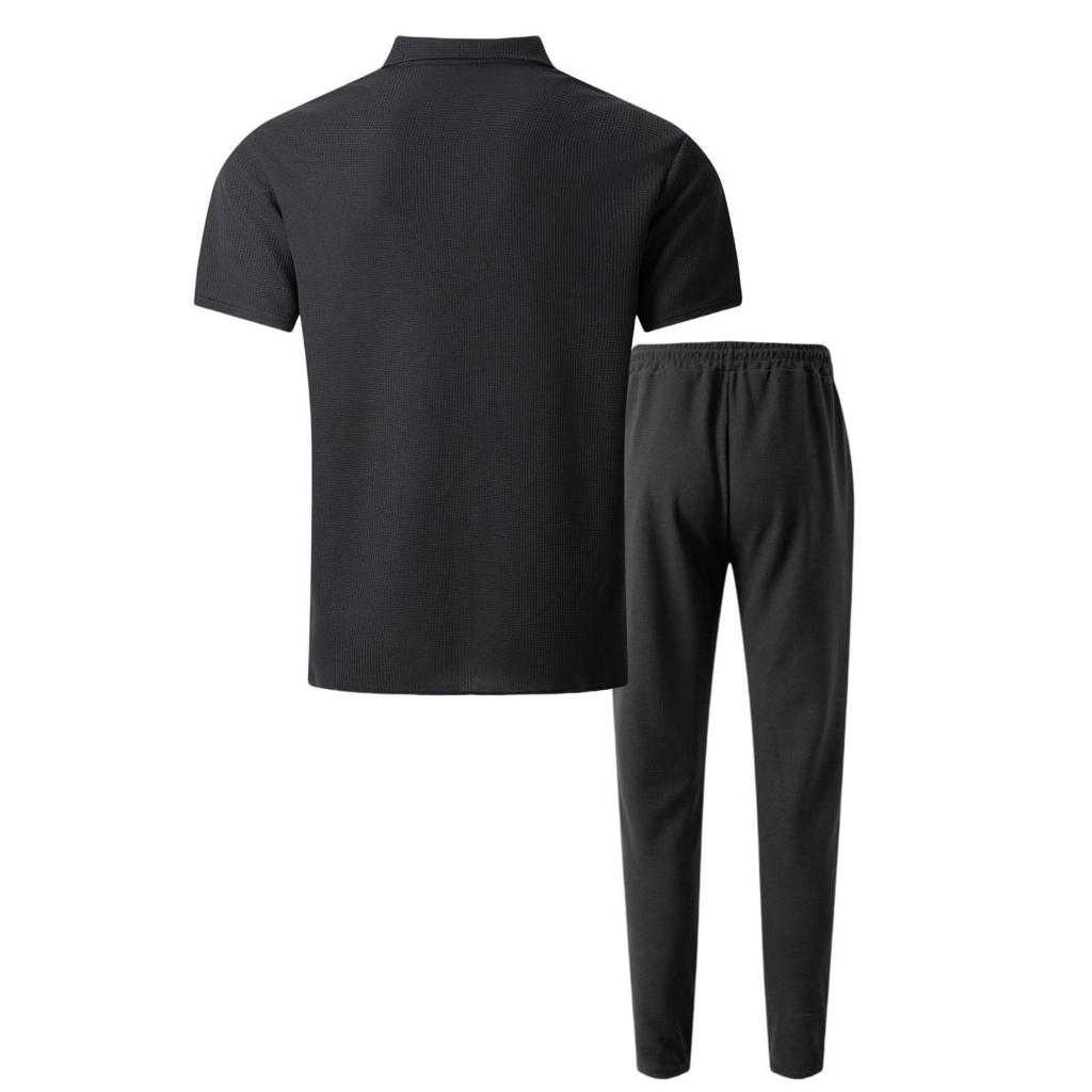 Sommer Kurzarm Revers Waffel Zweiteiler Set mit Knopf Tasche Hemd und Hose