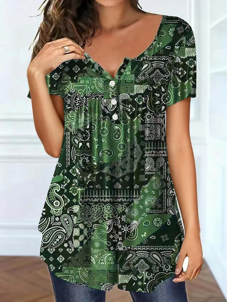 Elegant Paisley V-Neck Plus Size Top for Women - Spring/Summer