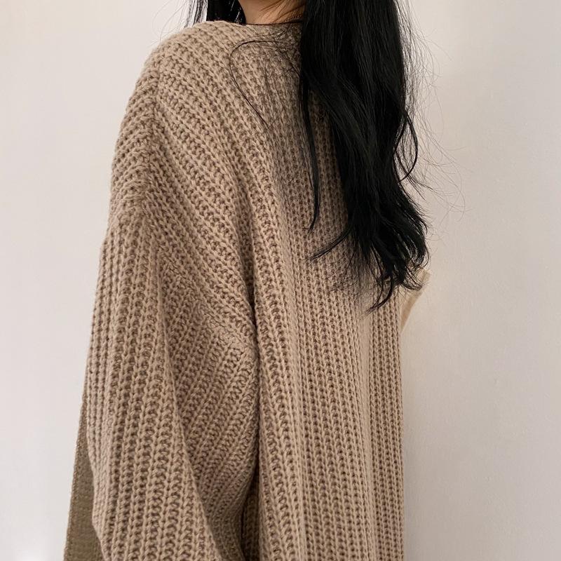 2024 Autumn/Winter Women's Korean Ribbed Knit Cardigan with Lantern Sleeves - Solid Color, Lazy Style Trend