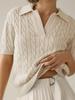 Women's Cable Knit V Neck Short Sleeve Pullover Sweater Solid Lapel Detail Casual Top