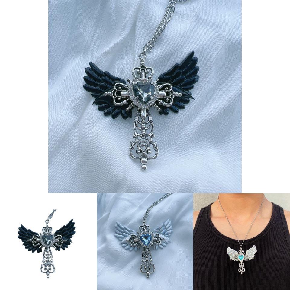 Y2k Gothic Style Unique Angel Cross Sweater Necklace Fashionable Alloy Jewelry For All