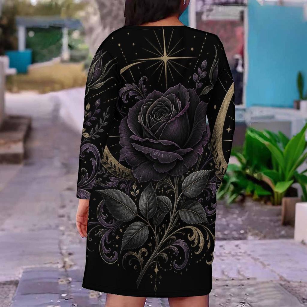 Women Plus Size V Neck Long Sleeve Black Purple Printed Fitted Dress