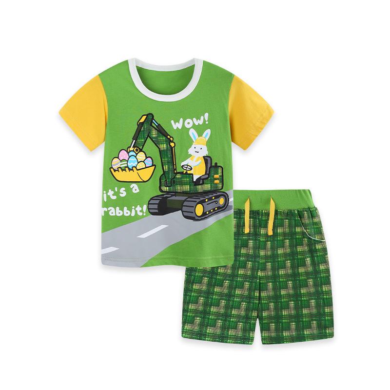 

Plaid Boys Shorts & Excavator Print Shirt Set - Summer Two-Piece Outfit 120cm