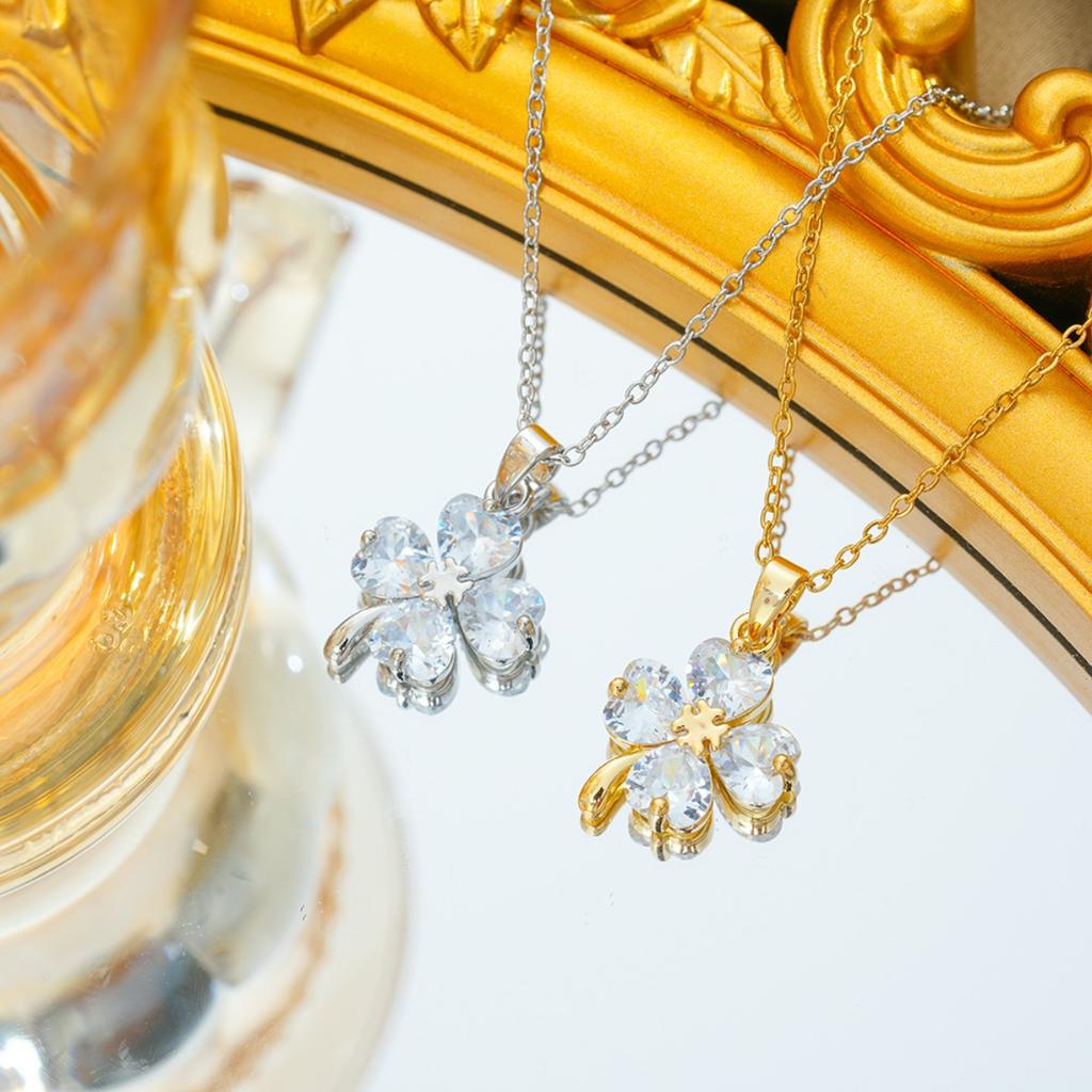 Stainless Steel Chain Cute Zircon Four Leaf Clover Pendant Necklaces for Women Girls Lucky Simple Jewelry Gifts for Friends