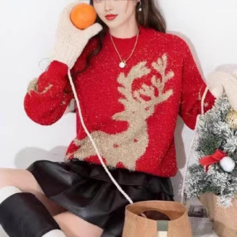 Red Autumn and Winter Knitted New Women's Clothing Deer Jacquard Knitted Sweater Crew Neck Pullover Color Matching Top