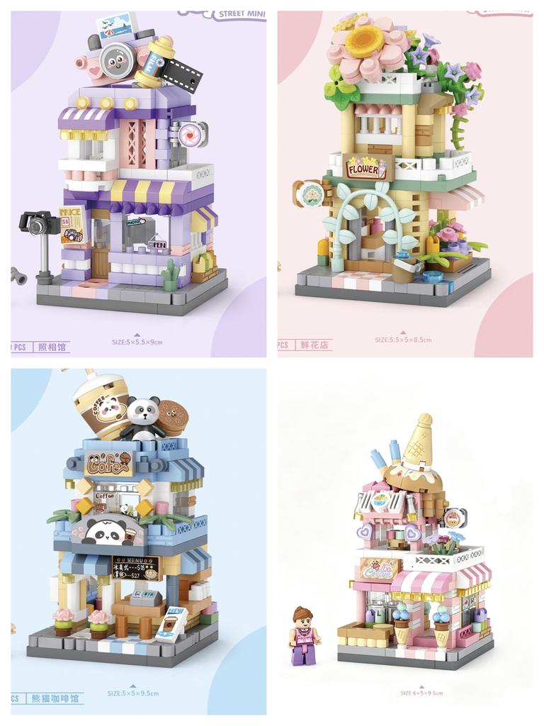 2026 NEW Panda Pet Coffee Ice Cream Flower Shop Store Street View Food House Building Blocks Kit Girls Model Kids Toy Children