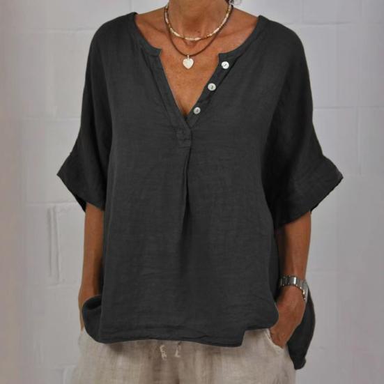Cotton Linen Women Shirt V-Neck Buttons Half Placket Half Sleeve Breathable Loose Fit Tops Daily Wear