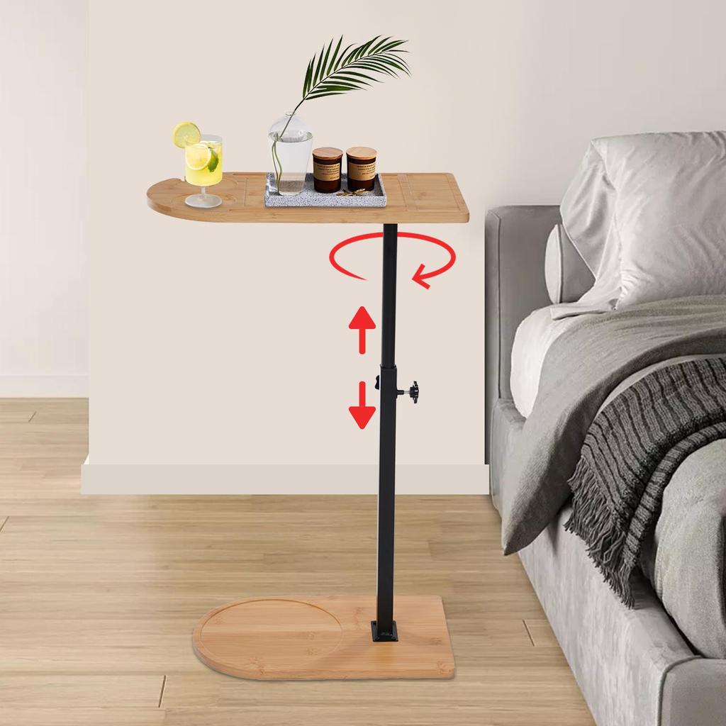 C-Shaped Side Table – Adjustable Height Bamboo & Iron Sofa Table with 360° Rotation – 88 lbs Load Capacity – Natural Wood & Black