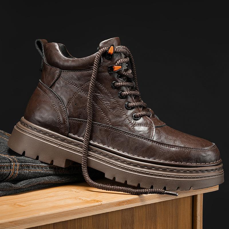 Fashion Men's Shoes Genuine Leather Mens High Top Shoes Male Comfortable Sneakers Motorcycle Boots Male Lace-Up Winter Plush Snow Boots