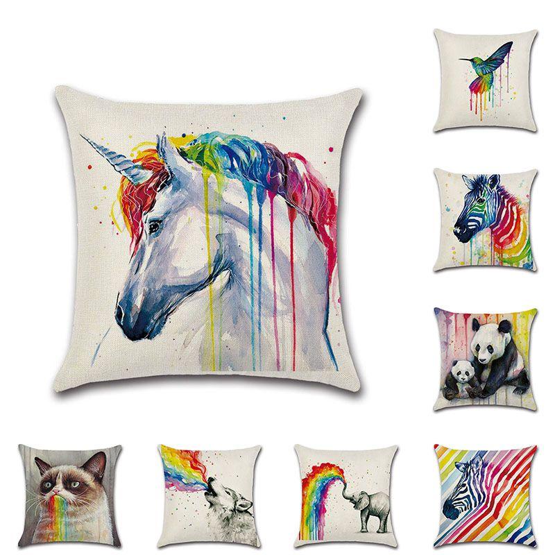 Versatile Cotton Linen Cushion Cover Featuring Cartoon Rainbow Animals For Stylish Decoration