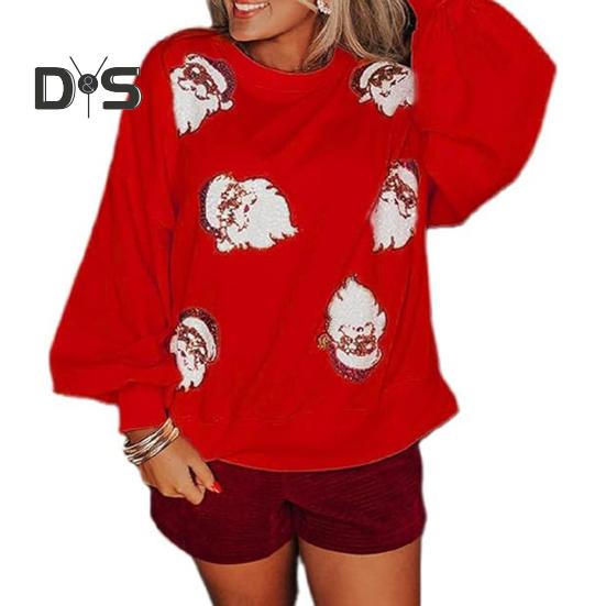 Women Christmas Sweatshirt Round Neck Sequin Santa Pattern Loose Long Lantern Sleeves Pullover Keep Warm New Year Party Top