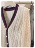 College Style V-Neck Color Block Wool Cardigan Women's Slimming Cable Knit Sweater Coat