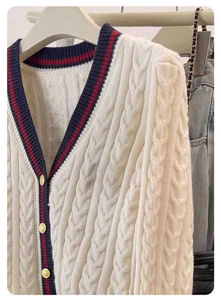 College Style V-Neck Color Block Wool Cardigan Women's Slimming Cable Knit Sweater Coat