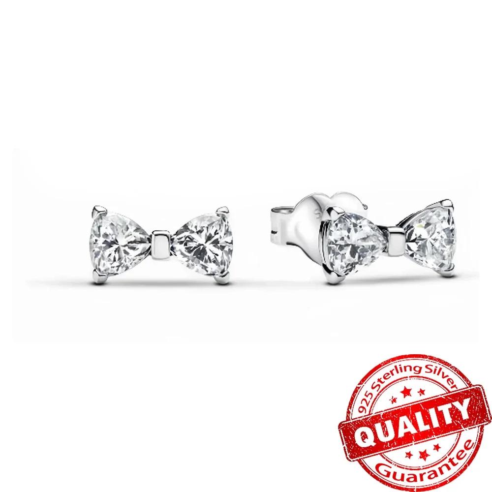 925 Silver Pink Bow Charms Earrings Rings Christmas Bell Pendant for DIY Jewelry Gift