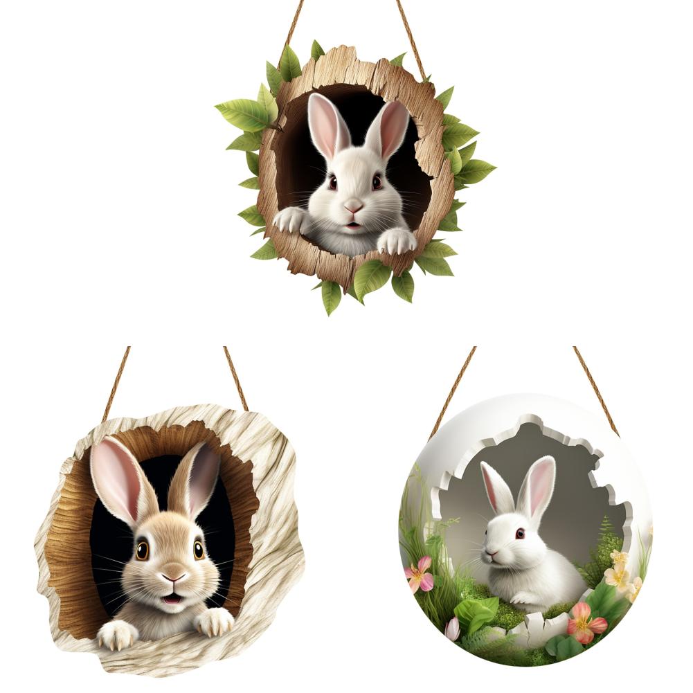 3/1 Set Easter Bunny Door Sign Pendant Decoration Wooden Hanging Spring Happy Rabbit Construction Door Easter Party Decor 2025