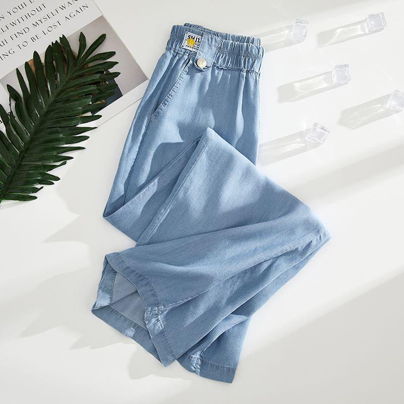 

Thin Elastic Waist Wide-Leg Jeans Summer New Arrival Women s Clothing Loose High Waist Straight Drooping Ice Silk Leisure Pants 2209# light blue M