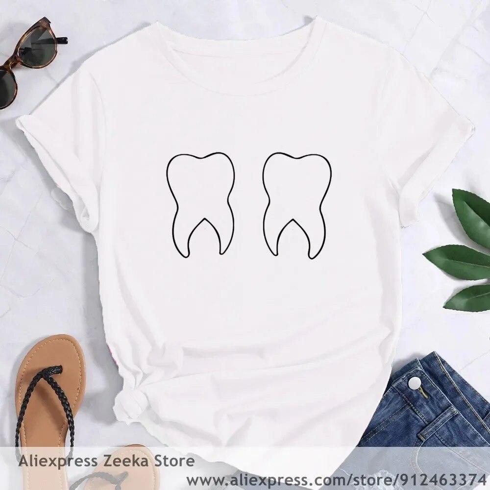 Zahn und Zahnarzt Grafik Ästhetik Frauen Lustige Print Damen T-shirt Mädchen Y2K Harajuku Basis O-kragen Weißes Hemd Kurze