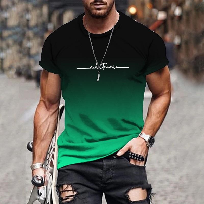 Men's Gradient Letter Printed Comfortable and Breathable Round Neck T-shirt Outdoor Street Fashion Top