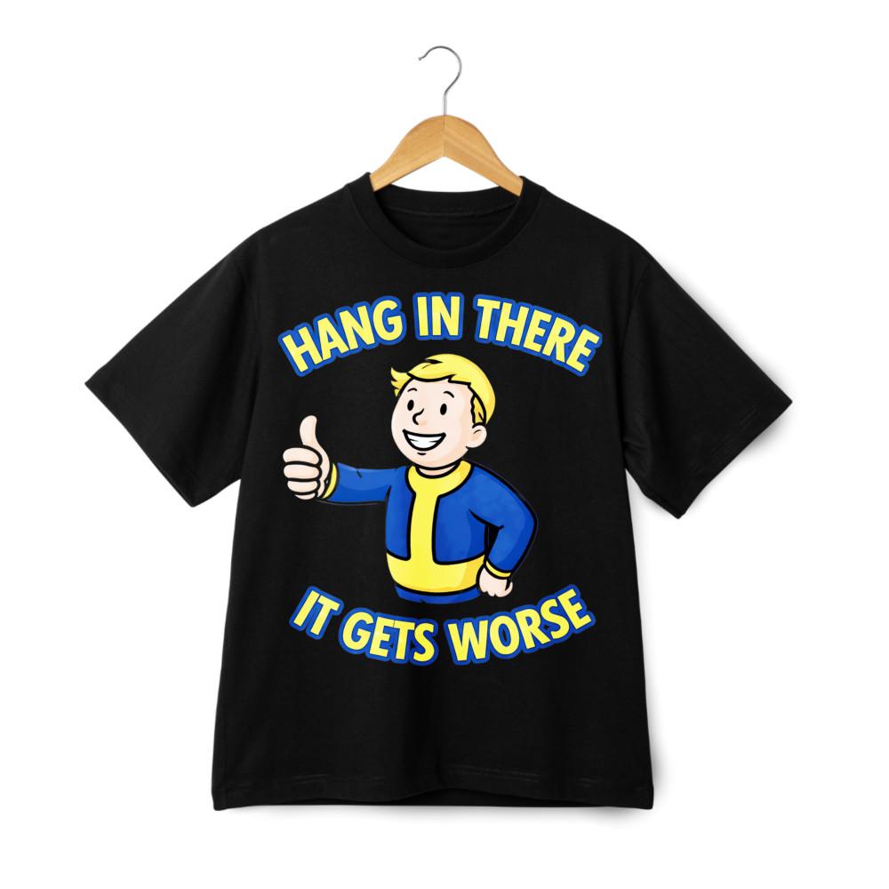 Vault Boy Hang In There Print T-Shirt, Post-Apocalyptic Humor Casual Tee M