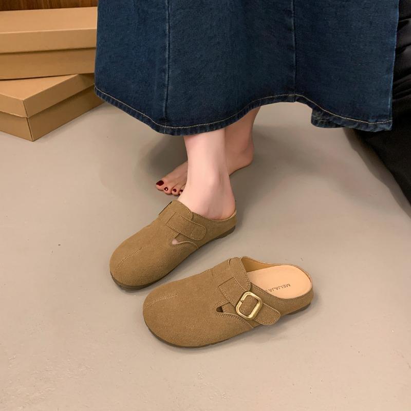 Retro simple lazy slippers shoes shallow mouth bag head half drag flat heel leather belt buckle