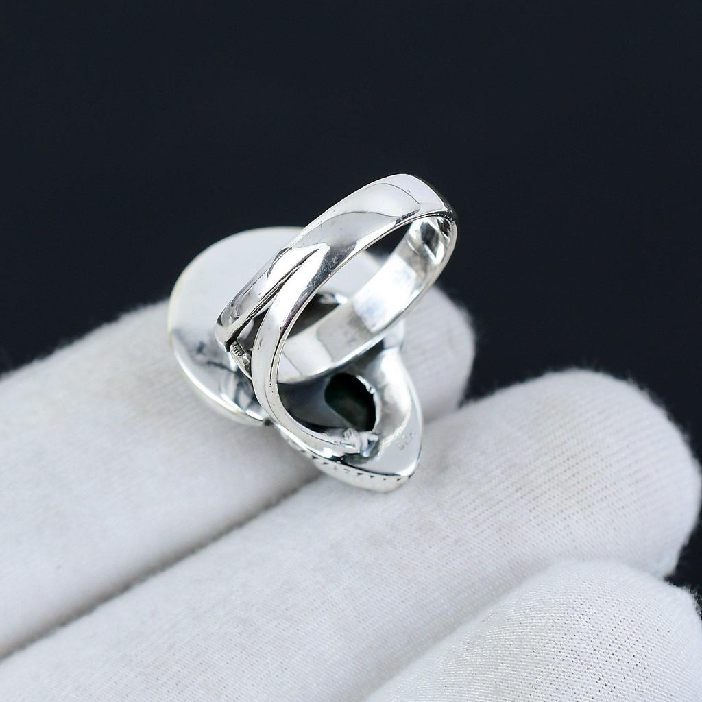 Emerald May Birthstone Adjustable 925 Sterling Silver Ring - Fits US Sizes 6 to 10 - Handmade Boho Jewelry for Women & Men, Valentine Gifts