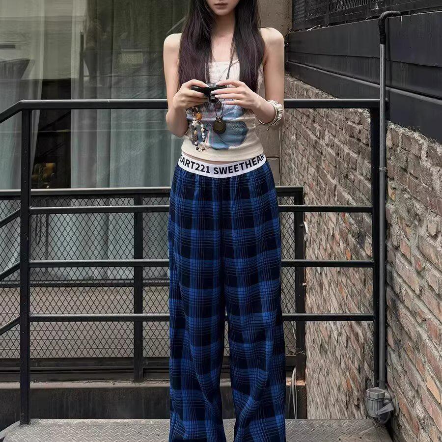 Women s 2026 Spring Retro Plaid Patchwork Wide-Leg Pants M