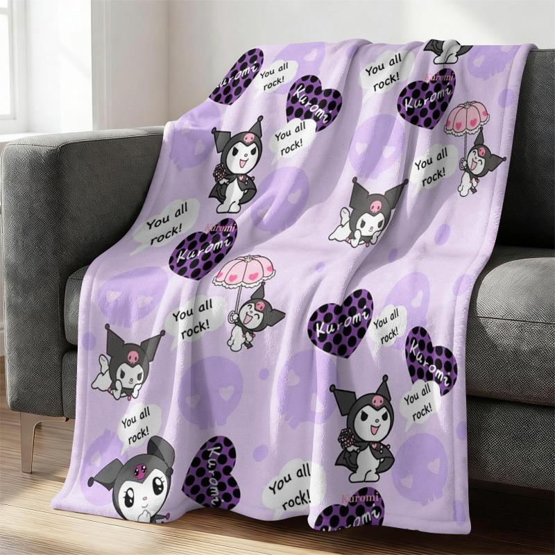 Pastel Purple Kuromi Flannel Throw Blanket Soft Warm Fluffy Blanket Cute Sofa Bed Cover Office Nap Shawl Lightweight Quilt