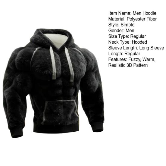 Yousheng Men Muscle Hoodie 3D Pattern Fuzzy Pullover Muscular Long Sleeve Warm Hooded Sweatshirt for Casual Sports Streetwear Fashion