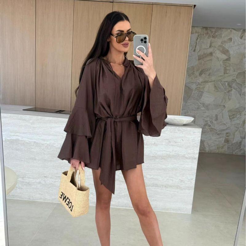 

Cross-Border Autumn New Western Style Fashion Pink V-neck Lace-up Loose Shoulder Long sleeve dress Skirt DRESS Coffee S