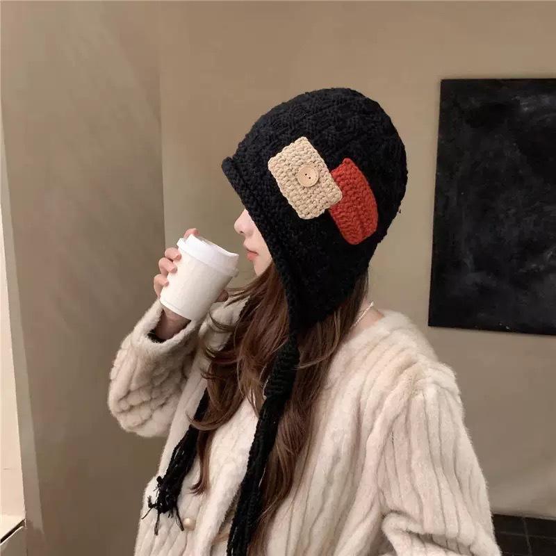 Autumn and winter warm handmade braided knit hat, trendy new fashion patchwork tassel red wool hat for women