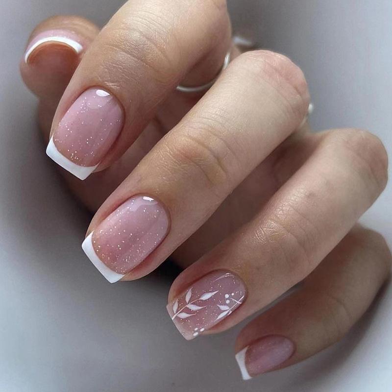 24Pcs Short French Press On Nails Pink Glitter Pearlized Fake Nail Tips Cute Natural Sweet
