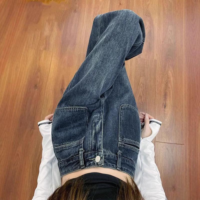 

Women s High-Waisted Wide-Leg Jeans - Spring/Autumn 2025 Retro Hong Kong Style, Loose and Straight-Leg with Micro-Trail Draping. Large середній синього кольору