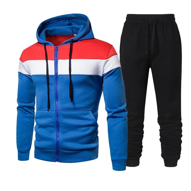 Spring and Autumn Men's Fashion Color Matching Splicing Suit Hooded Running Outdoor Sports Suit Men's Sweater