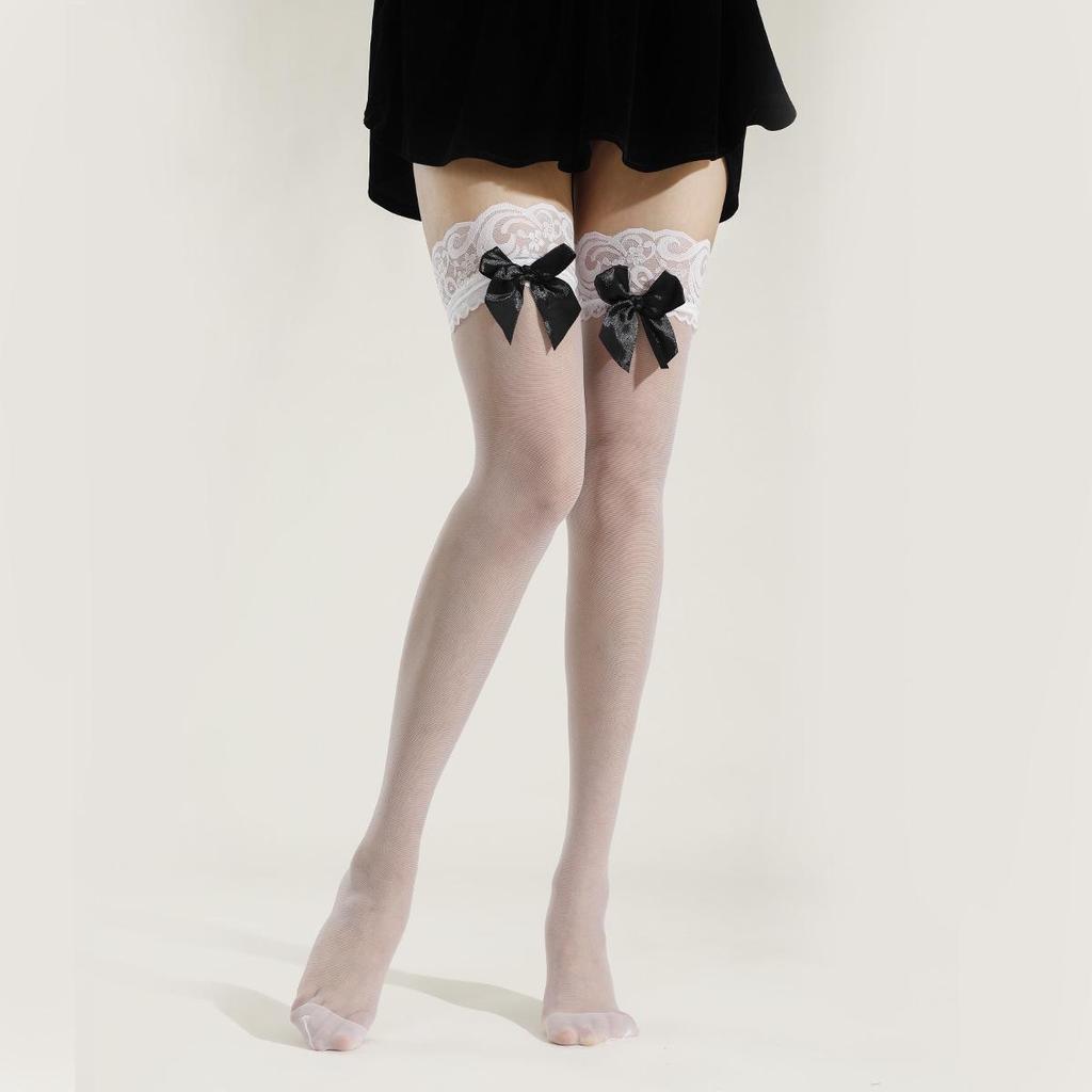 Elegant Bow-Accent Sheer Black Stockings: Sexy Lace Over-the-Knee Socks for Spring/Summer