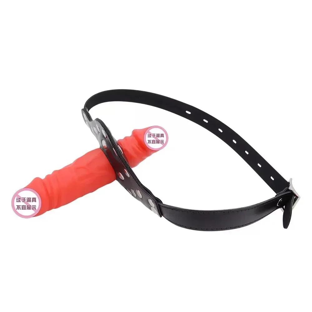 Pene Realista Dildo de Doble Extremo Mordaza Bondage Tapón Bucal Strapon para Cabeza Boca Abierta Restricción Esclavo Juguete Sexual Adulto 18+