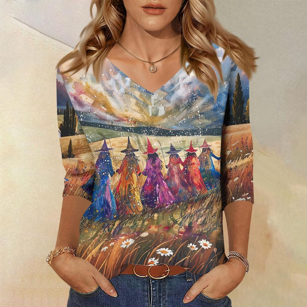 Women Casual Halloween Print V Neck Top Three Quarter Sleeve Lightweight Loose Fit Pullover Shirt for Fall Seasonal Wear