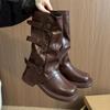 Designer Pleated Buckle Knight Boots Women Autumn Brown Pu Leather Mid Calf Boots Woman Slip-On Thick Heel Riding Botas Mujer