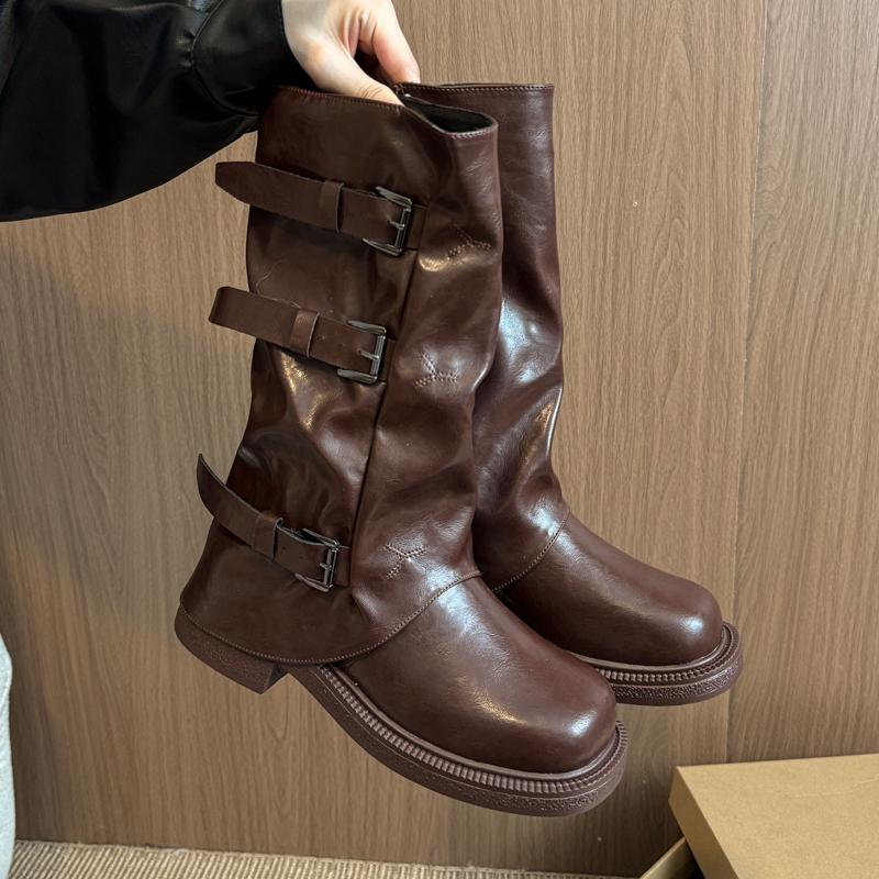Designer Pleated Buckle Knight Boots Women Autumn Brown Pu Leather Mid Calf Boots Woman Slip-On Thick Heel Riding Botas Mujer