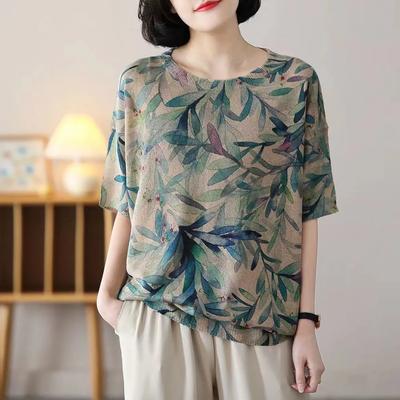 T-shirt da donna estiva sottile stampata a maniche corte con scollo rotondo, maglione largo