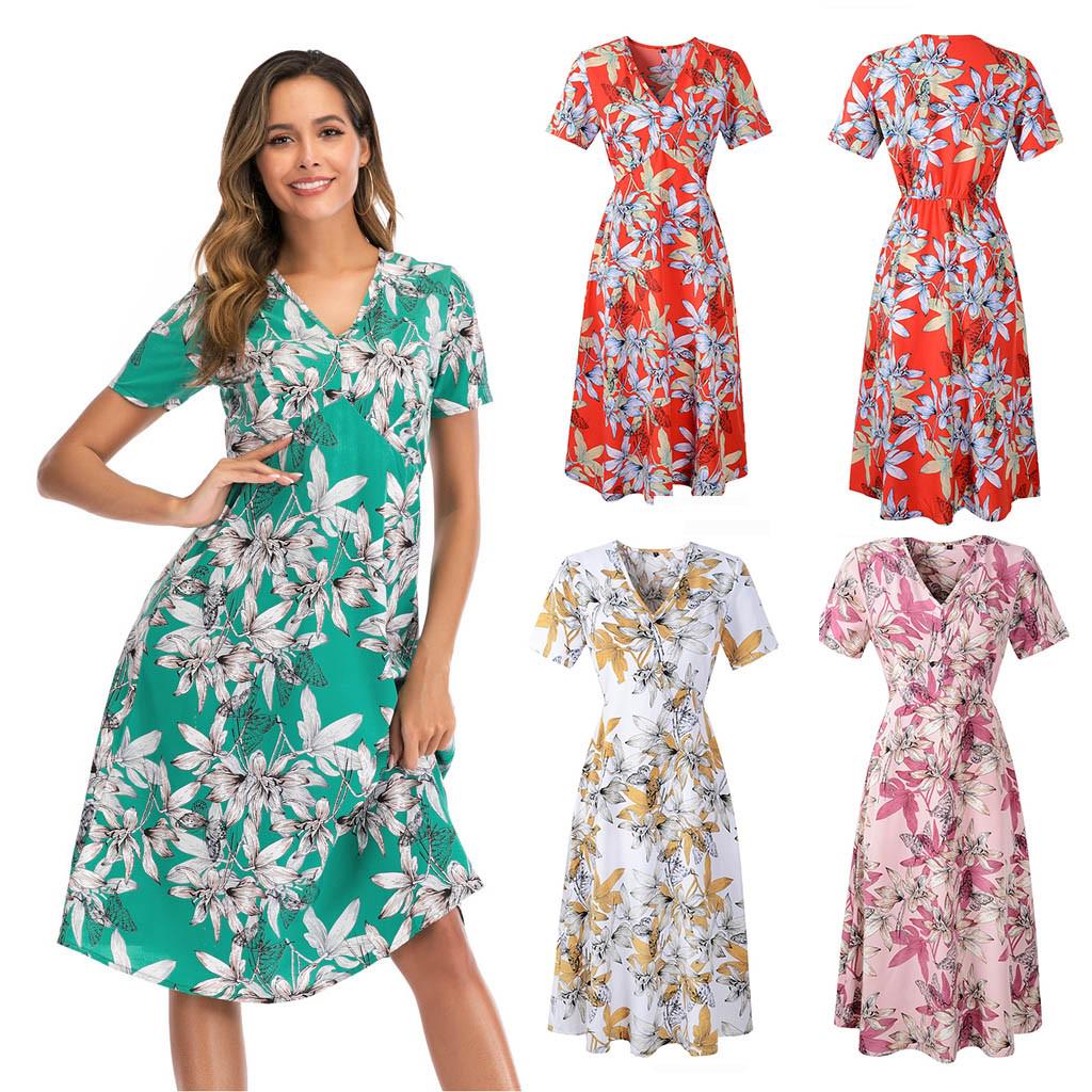 

Женское летнее платье с V-образным вырезом и праздничным принтом, женское вечернее пляжное платье с коротким рукавом