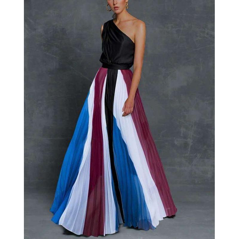 

Women One Shoulder Casual Dress Fashion Fashion Female Contrast Color Patchwork Cold-Shoulder Dress Black color stripe S