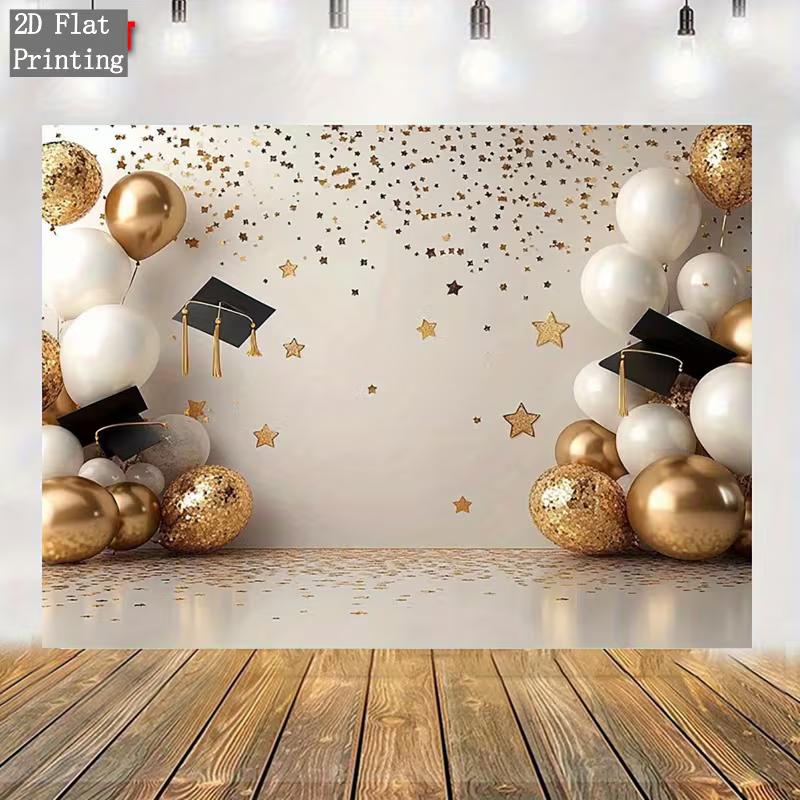 2D Graduation Backdrop, Gold White Balloon Cap Confetti Photo Background Banner