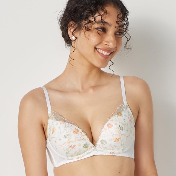 AMOSTYLE Dream Love M015 Size E75 Bra, Wireless, Slimline, Blossoms, (White),