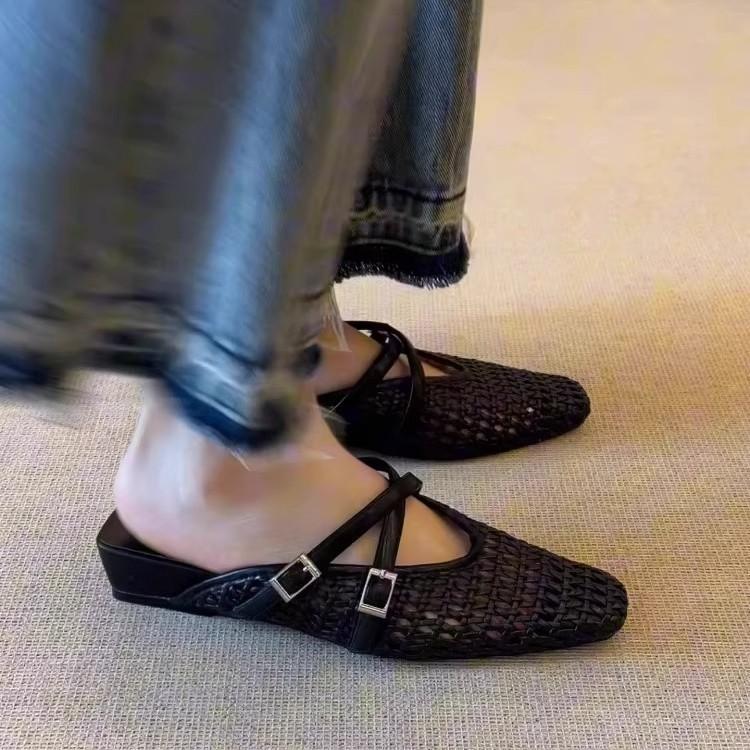 Simple Square Head Woven Hollow Wedge Heel Sandals Women's 2025 Summer Versatile Outer Wear Cross Buckle Bag Head Slippers Women