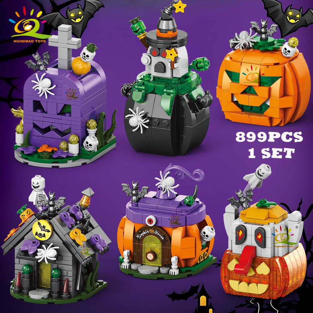 Non-Toxic Halloween Wizard Cat Dog Ghosts Pumpkin Houses Model Building Block Diy Haunted House Bat Bricks Toys For Adult Gift