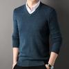 Fall Winter Men Sweater V Neck Knitted Solid Color Elastic Stretchy Pullover