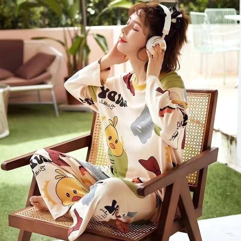 Women's Long-Sleeve Cartoon Pajama Set - Cute Korean Style Homewear for Autumn, Winter, Spring - Plus Size Available